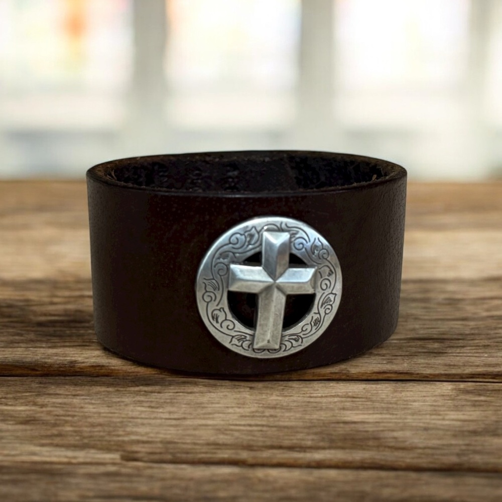 Unisex & Upcycled Brown Leather Bracelet with Silver Cross